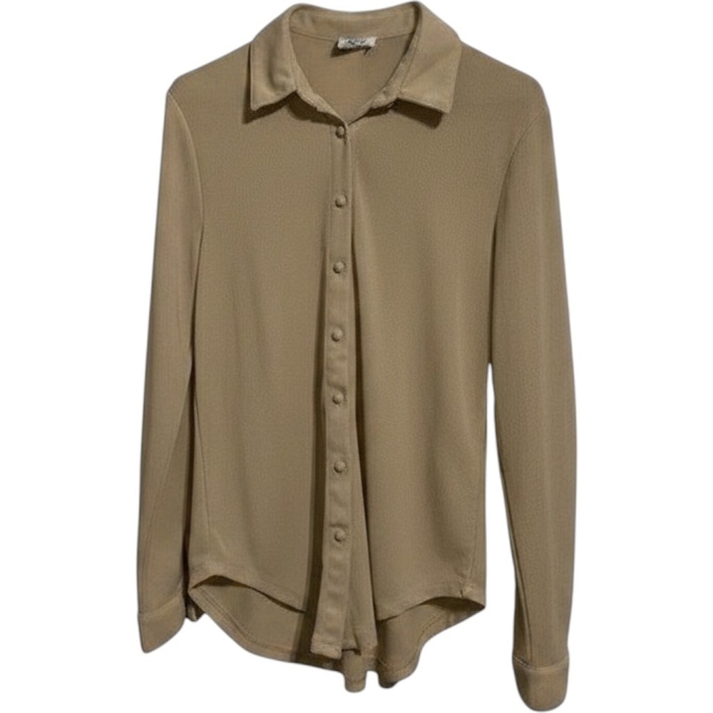 Princess Polly Beige Button Down Long Sleeve Ribbed Shirt US 4 Collared Blouse